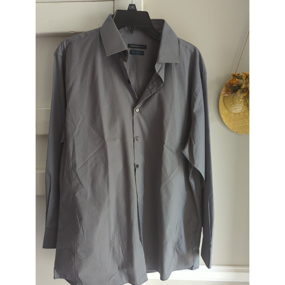 Van Heusen Studio Men's 16/16.5 Gray Button Up Dress Shirt Slim Fit Wrinkle Free